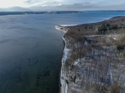 Dronefoto af træskohage fyr i sne