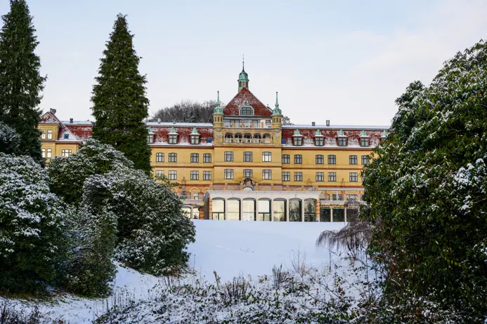 Hotel Vejlefjord og parken dækket i sne
