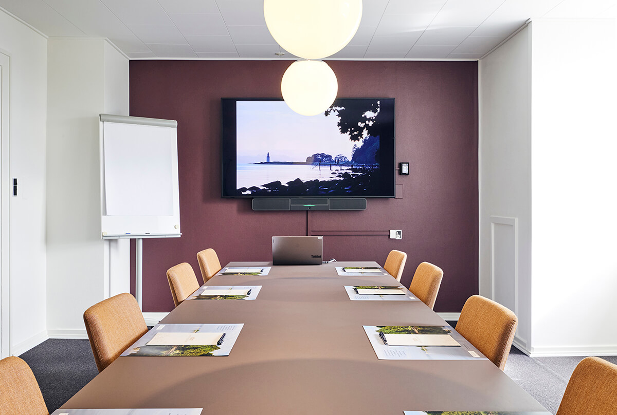 Lokale med mødebord og stole til 8 personer, billede og stor skærm på væggen