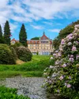 Hotel Vejlefjord med udsprugne rhododendroner og søen en sommerdag